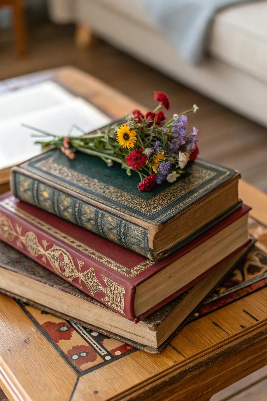 A timeless centerpiece of stacked vintage books adorned with fresh florals.