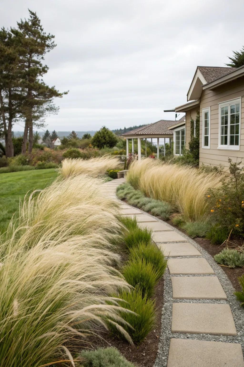 A garden path elegantly bordered with soft Mexican Feather Grass.