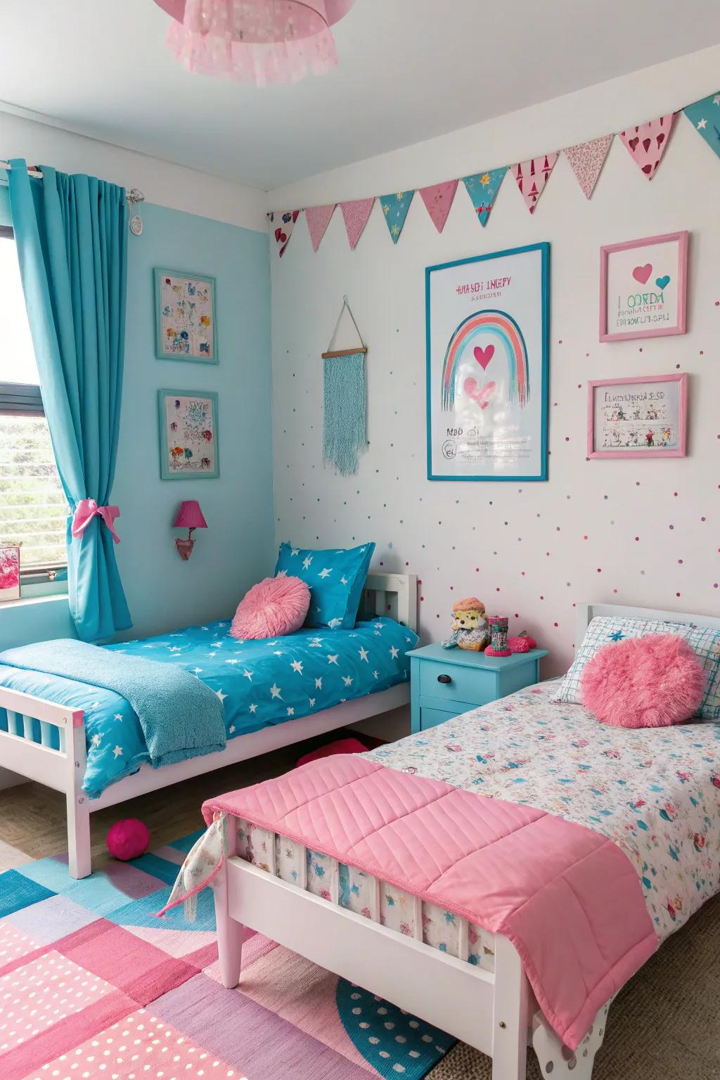 Use contrasting colors like blue and pink to create distinct yet cohesive spaces.