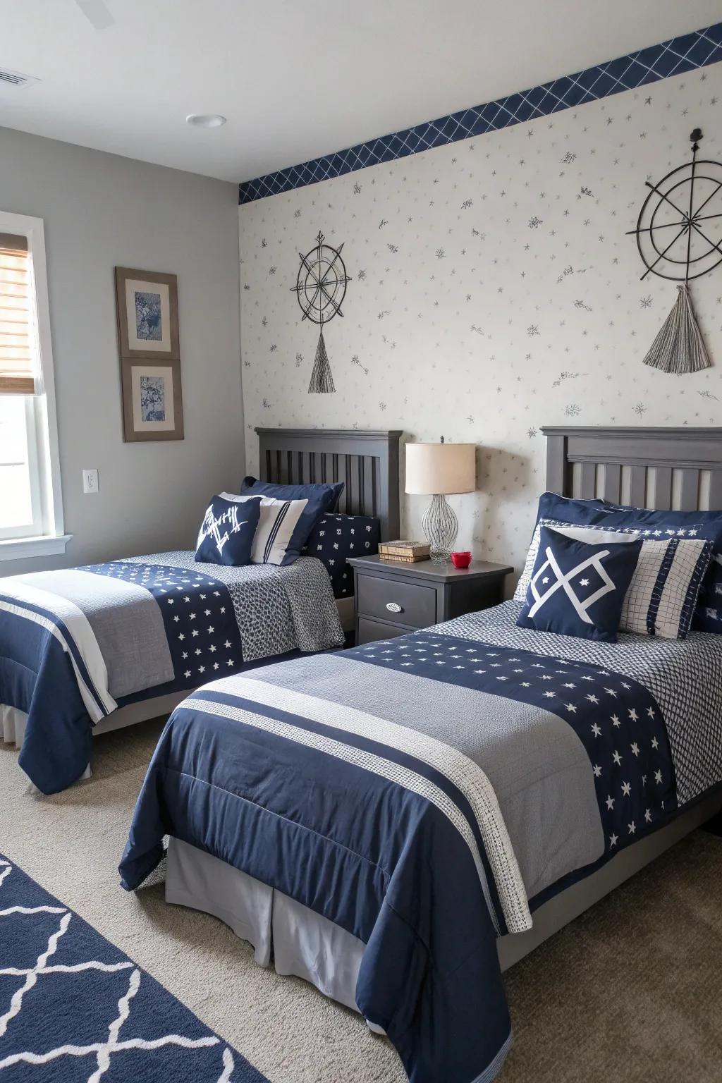 A beautiful pairing of navy and gray creates an enduring allure.