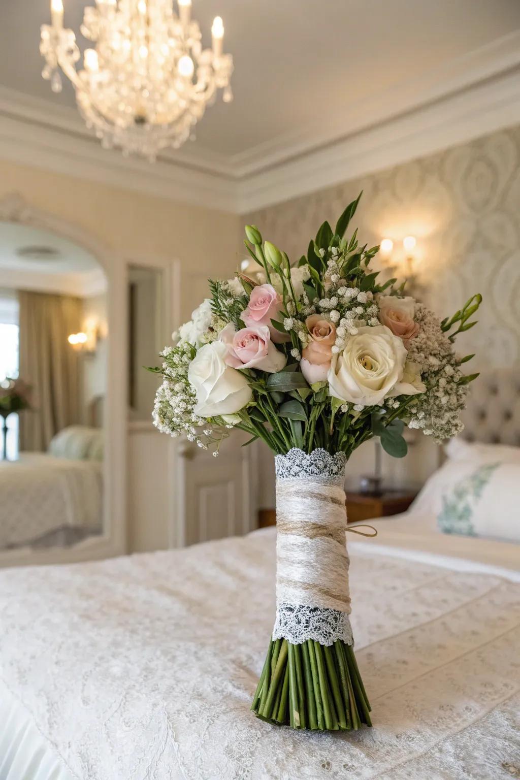 A bridal bouquet embraced in vintage lace for a truly timeless elegance.
