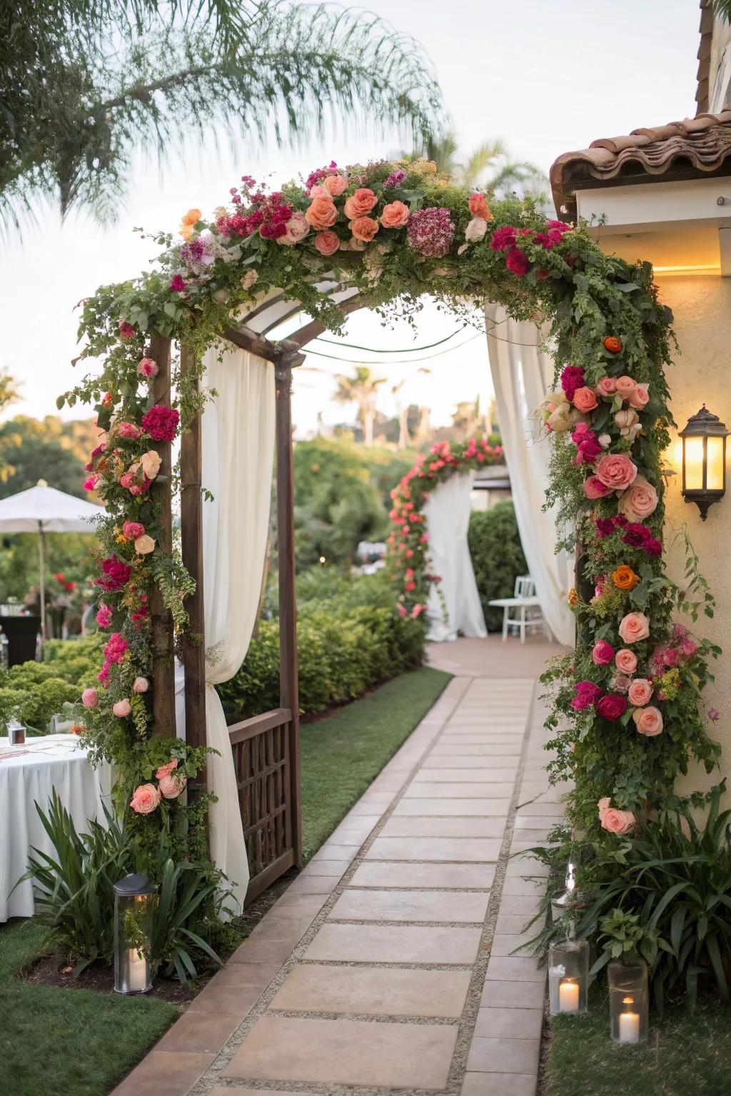 A stunning floral archway welcomes guests, marking the entrance to a bridal shower.