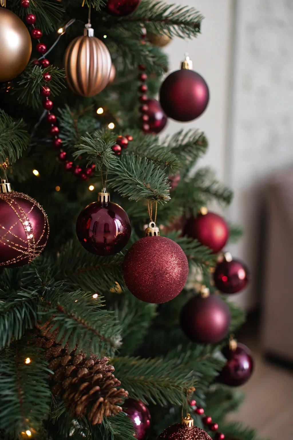 Gorgeous wine-colored spheres enhance the Christmas tree with dimension and luxury.
