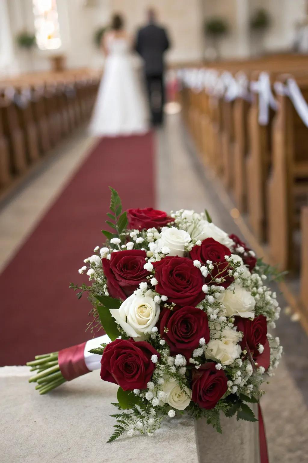 Classic deep red roses artfully combined with delicate white blossoms.