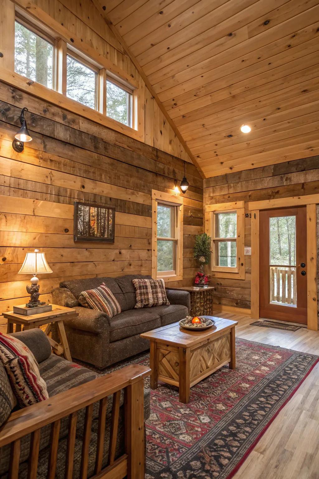 Rustic reclaimed wood panels creating warmth in a cabin.