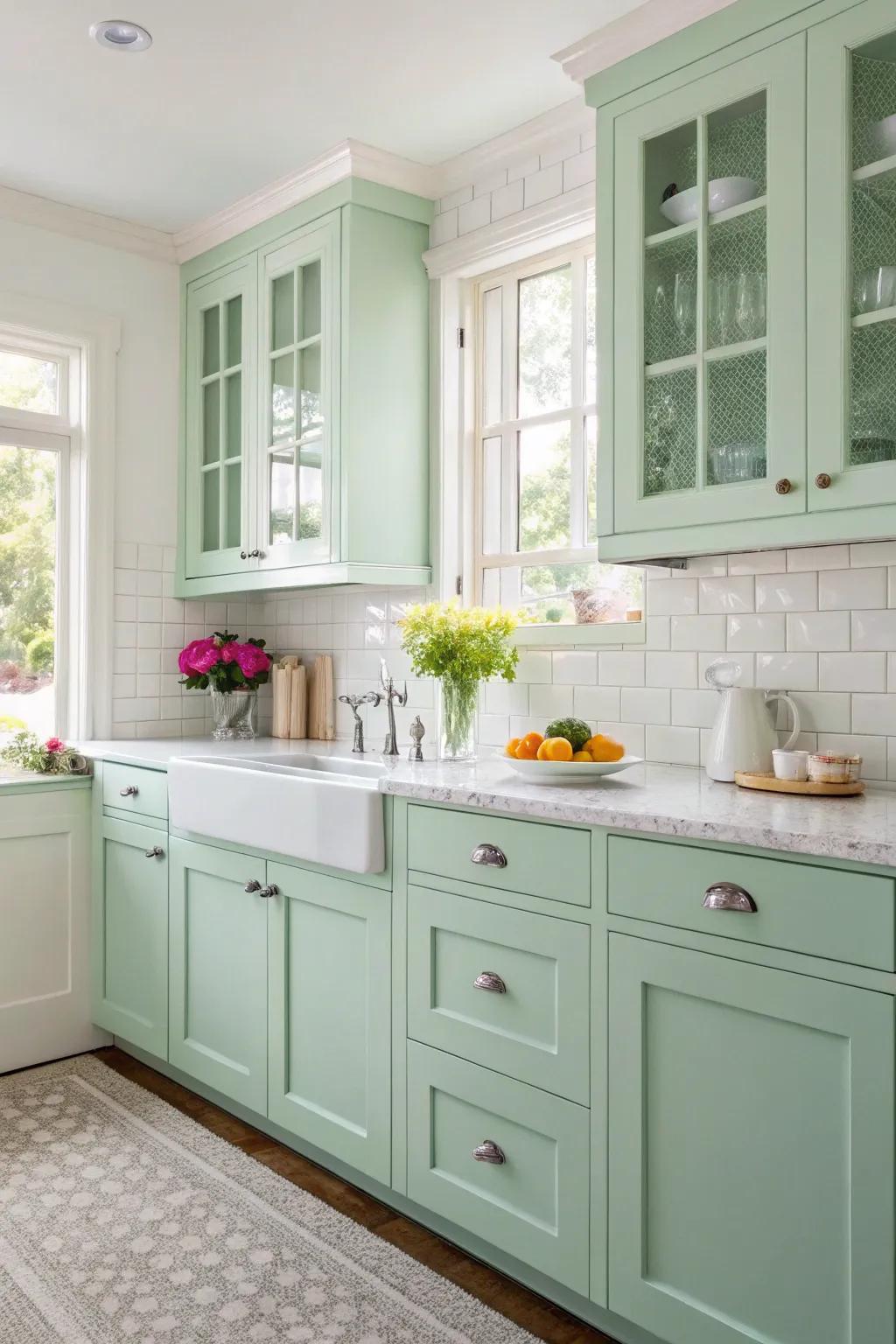 Mint green painted cabinet doors bring a fresh feel to the kitchen.