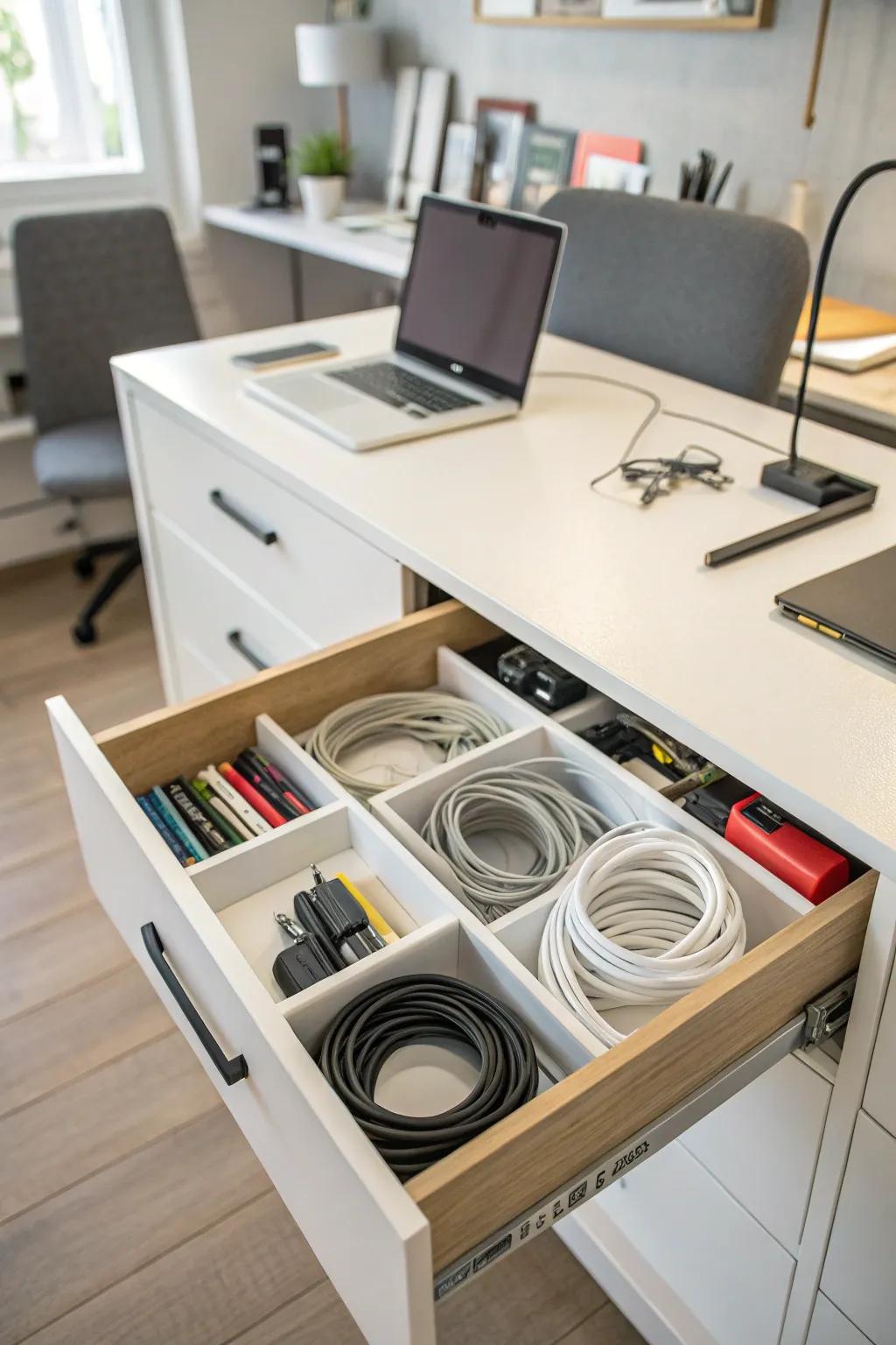 Organized cables in a drawer with dividers.