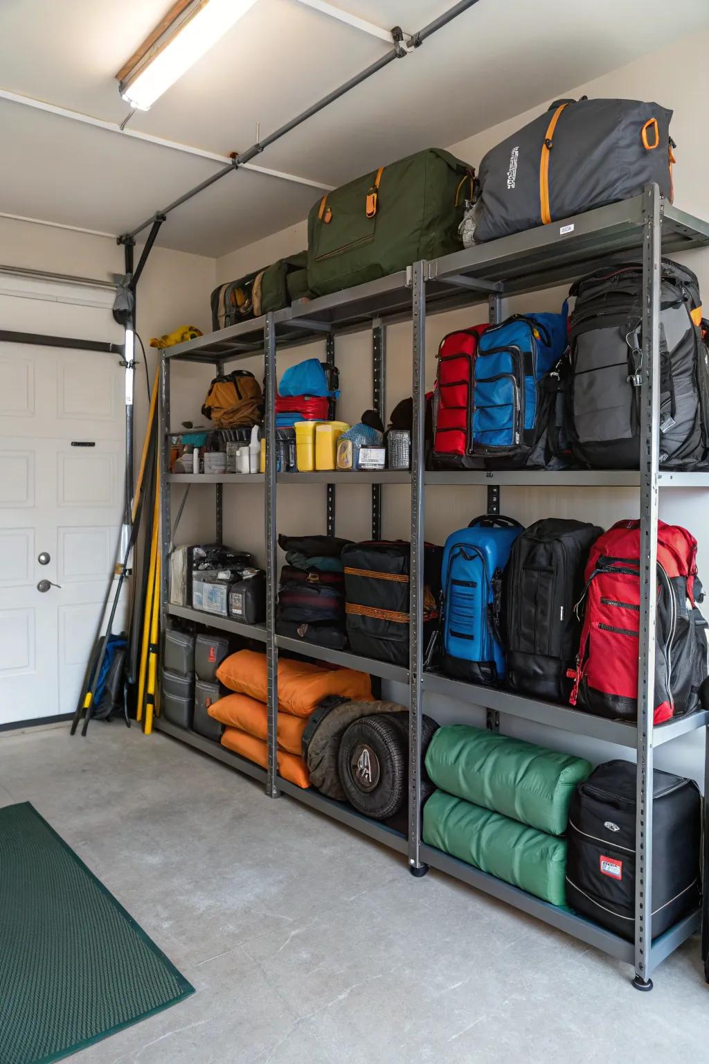 Shelving units in the garage keeping camping gear organized and accessible.