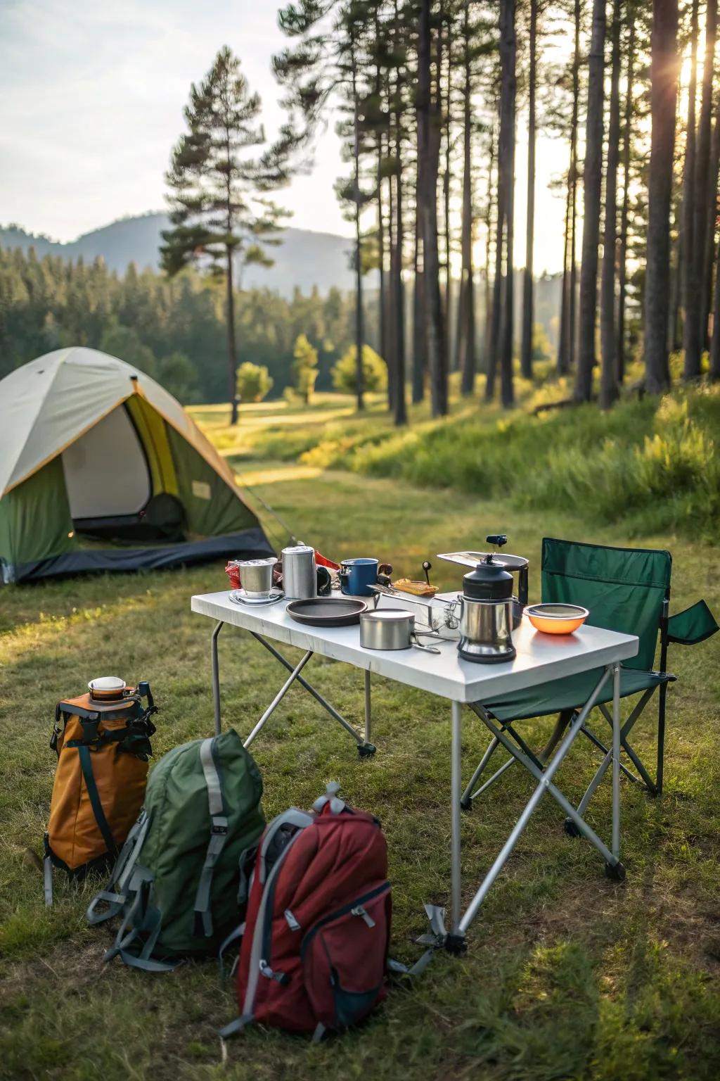 A foldable table ready for outdoor culinary adventures.