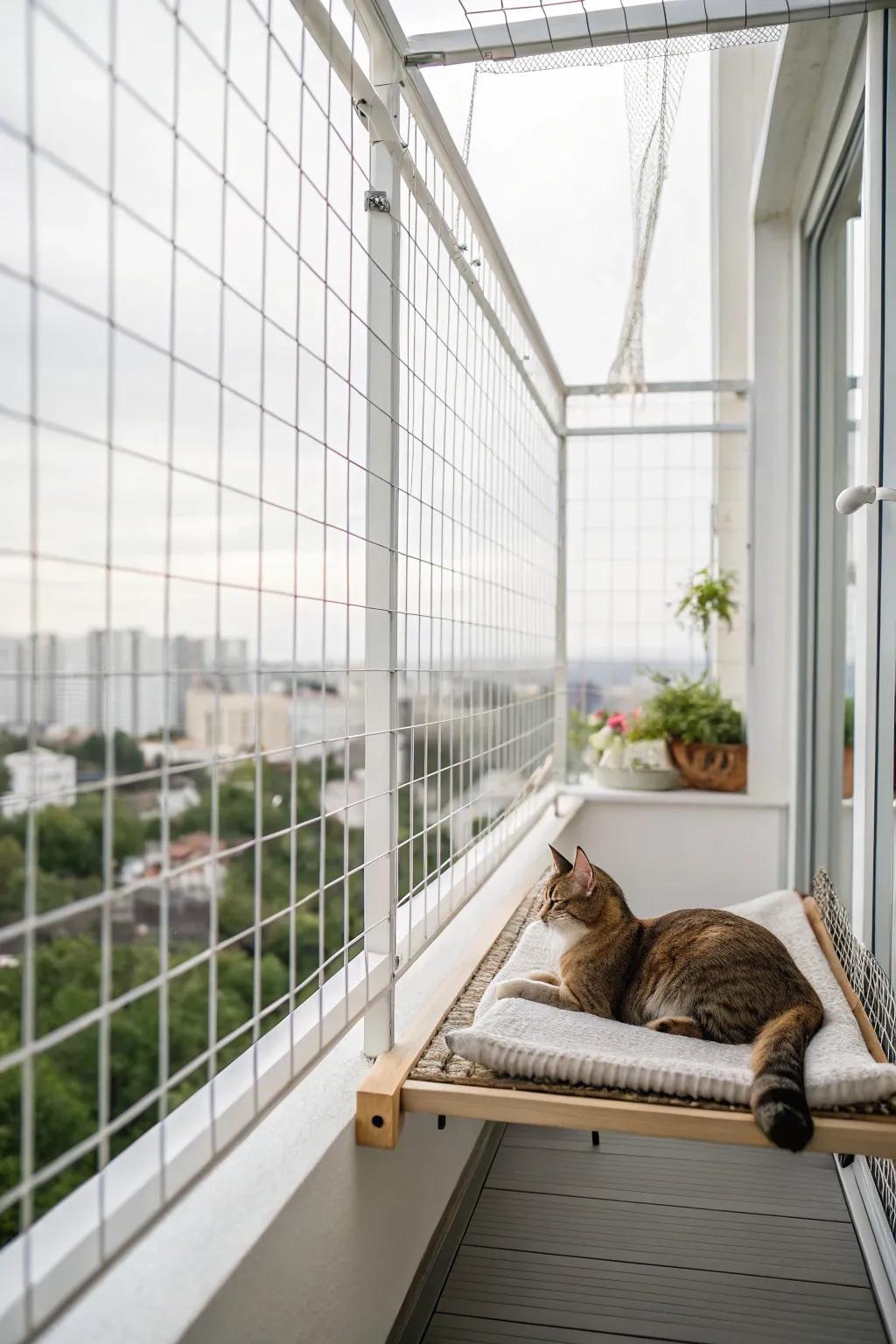 A chic wire enclosure blends safety with elegance for your balcony catio.