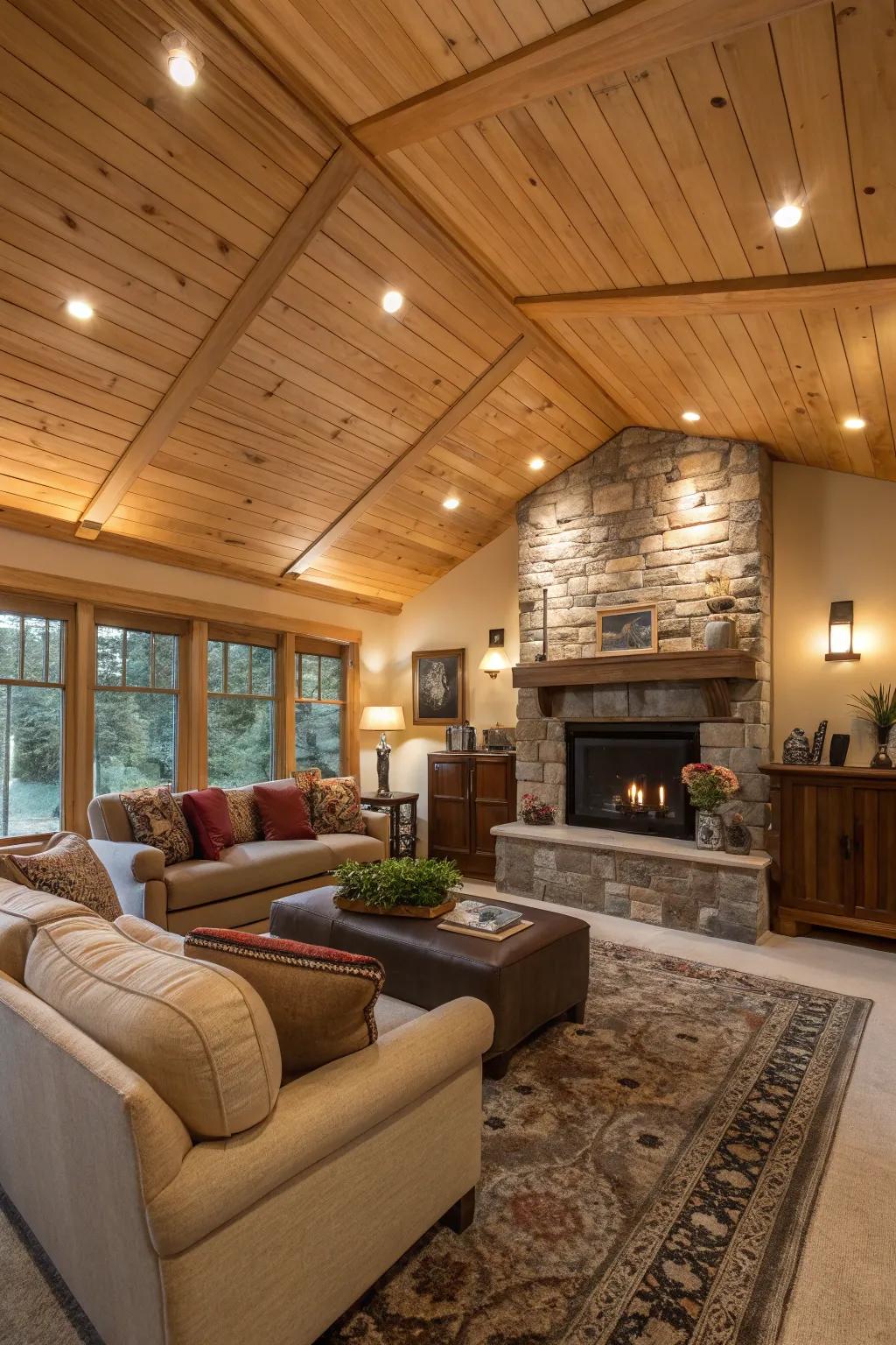 A welcoming living room elevated by an amber canopy ceiling and a warm fireplace.