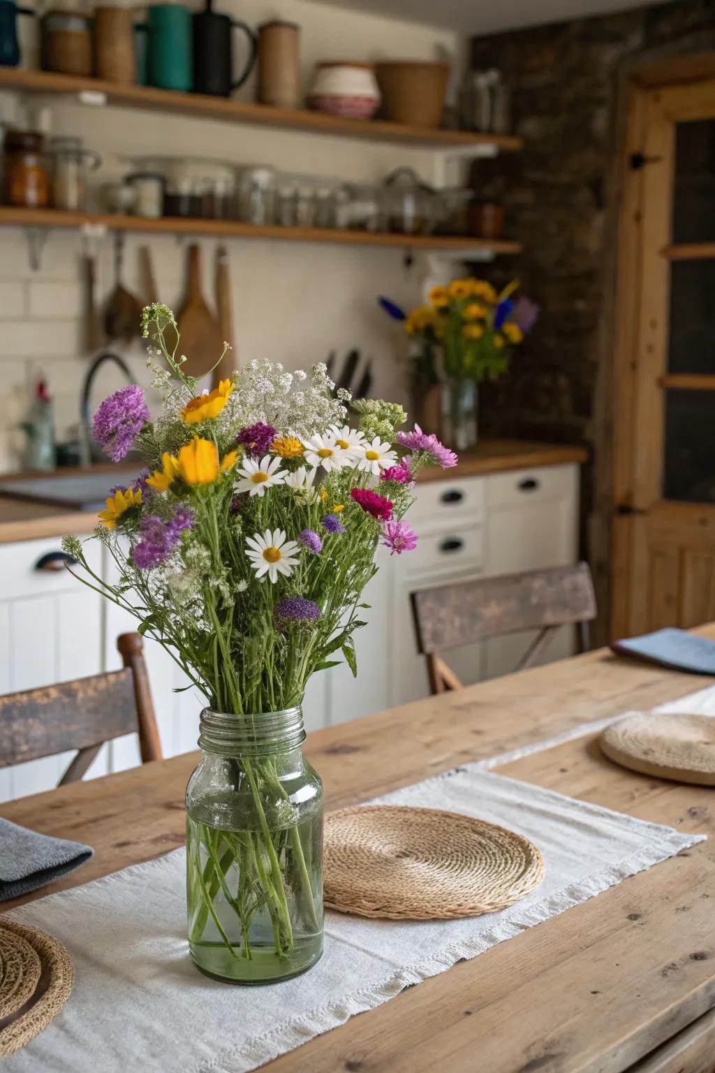 Old glass jars make charming vases for wildflowers.