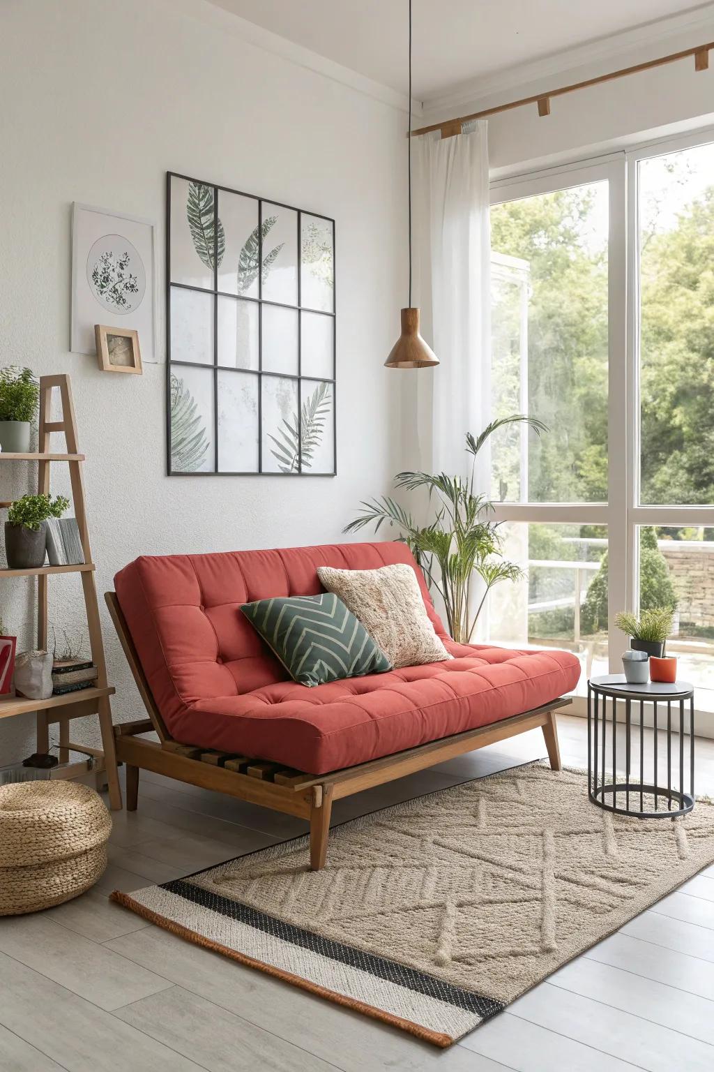 A versatile futon adds a splash of color and functionality to any space.