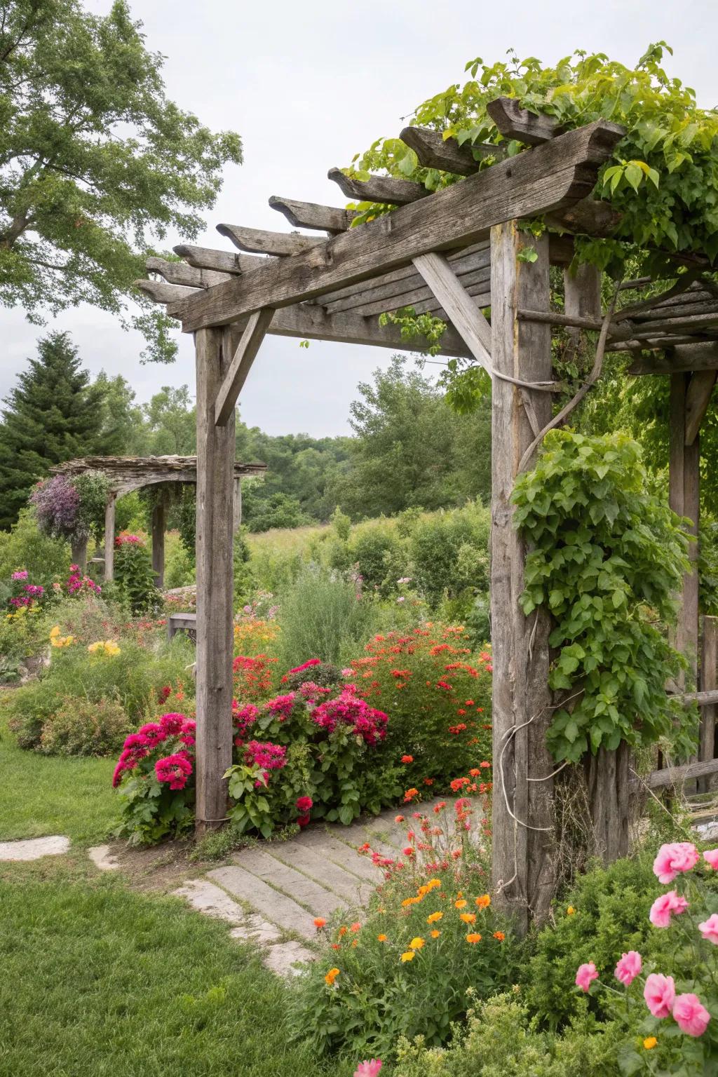 A rustic pergola crafted from reclaimed wood enhances any garden.