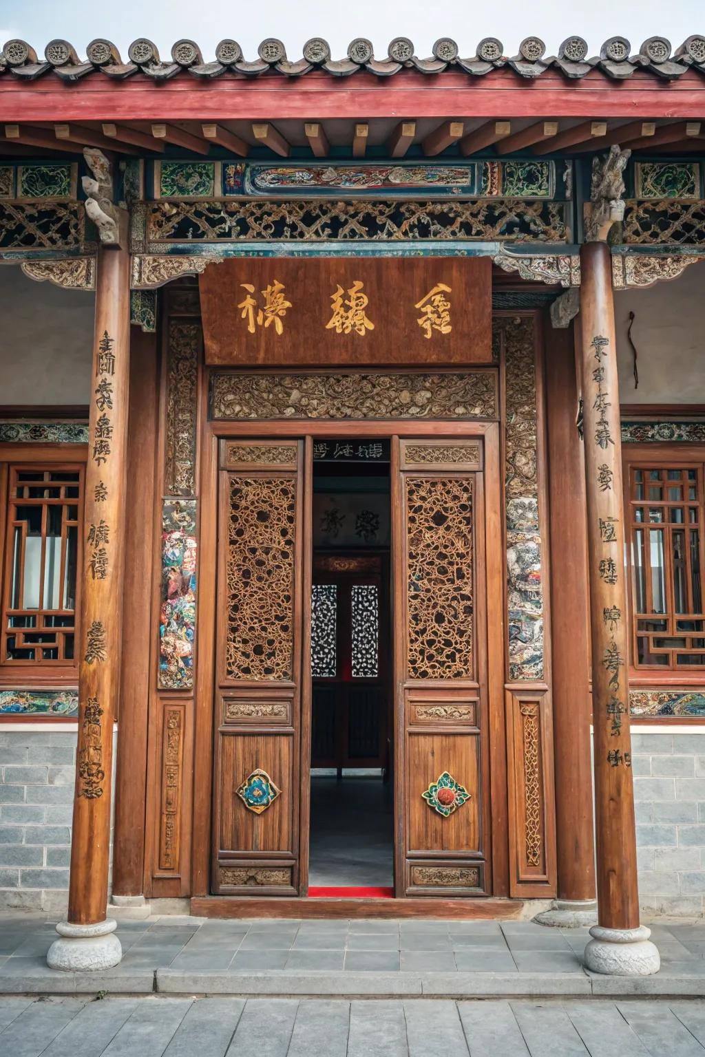 An ornate wooden entryway decorated with detailed Chinese carvings.