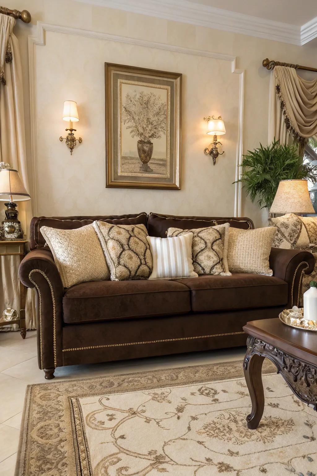 Warm neutrals embrace a chocolate couch, crafting a serene and inviting space.