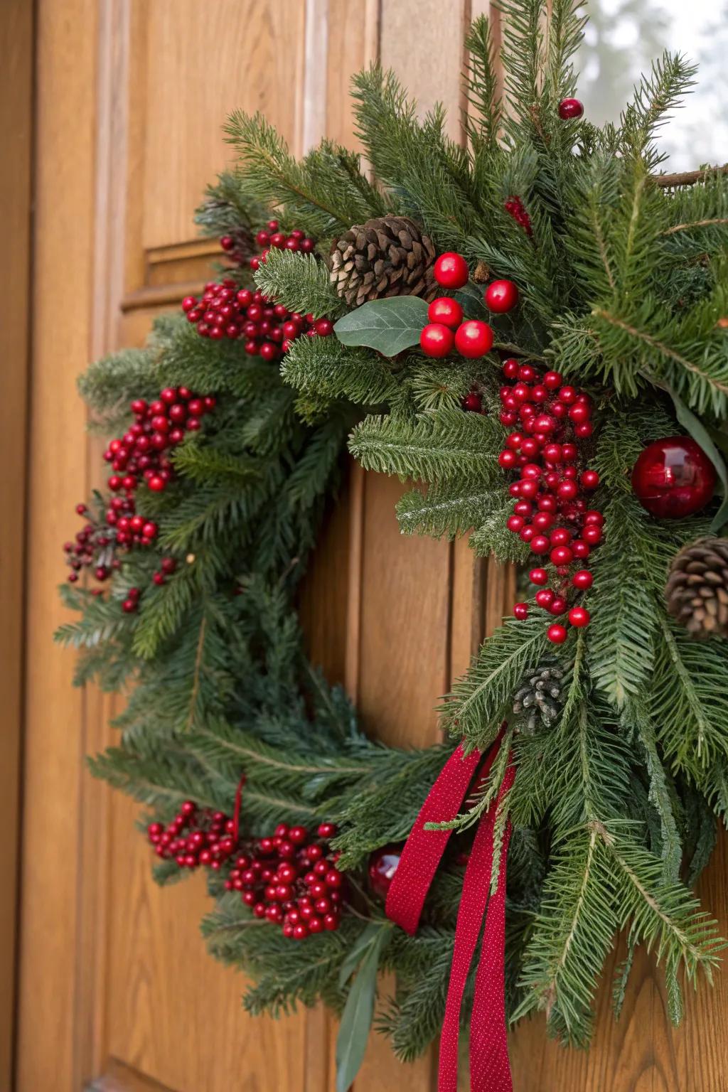 A classic Christmas wreath with pine branches and red berries.