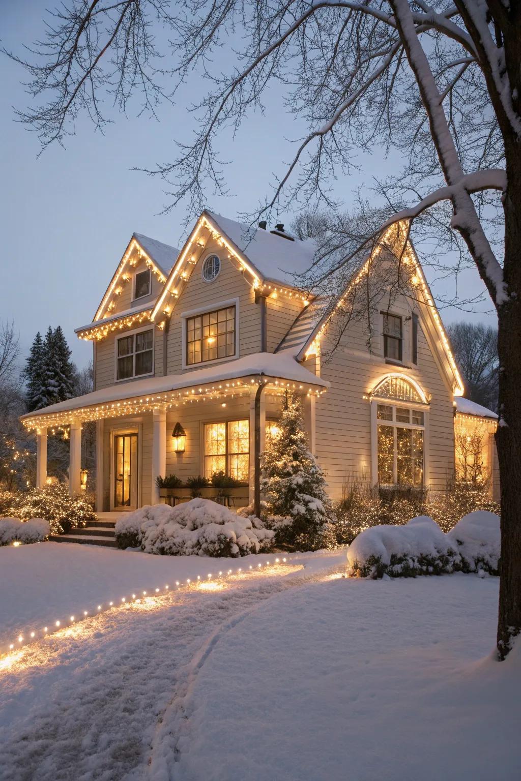 A residence displaying its architectural details beautifully accented with Christmas lights.