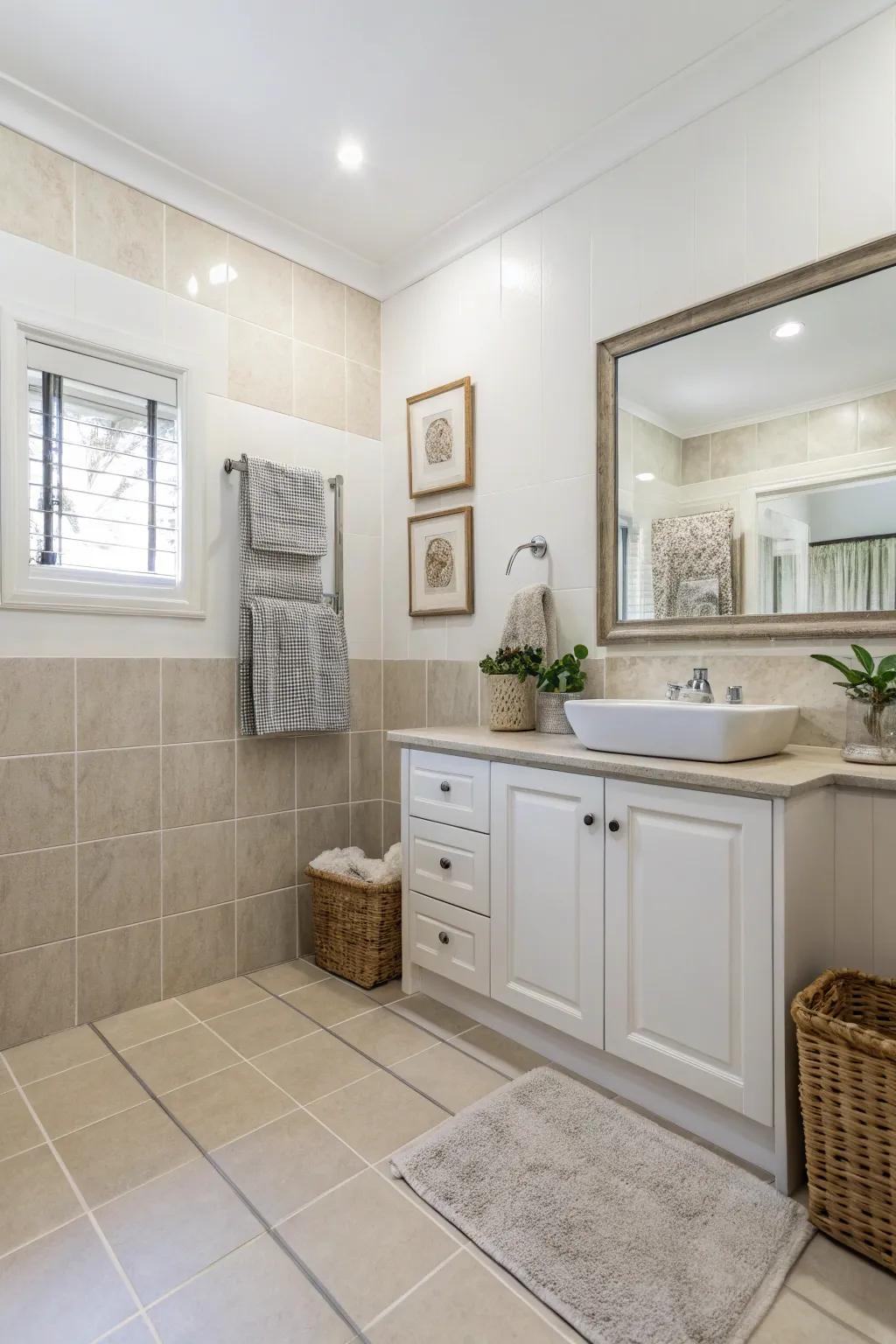 A bathroom designed with a neutral color palette for a timeless look.