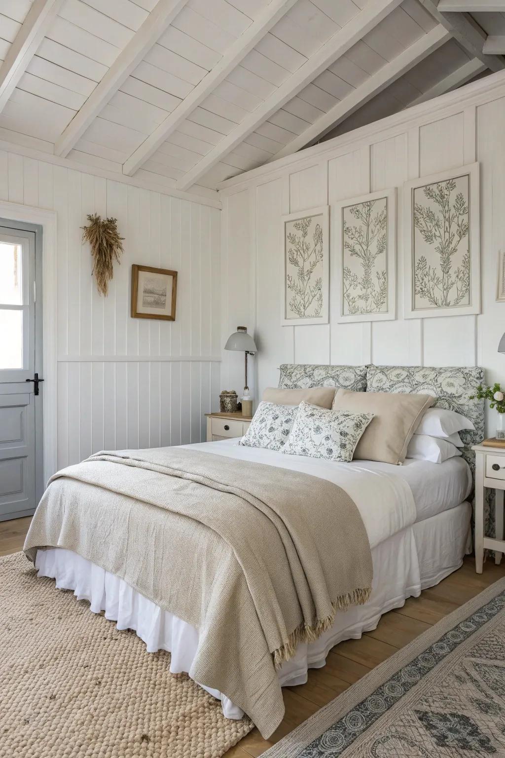 A bedroom showcasing a neutral color scheme, perfect for creating a peaceful setting.