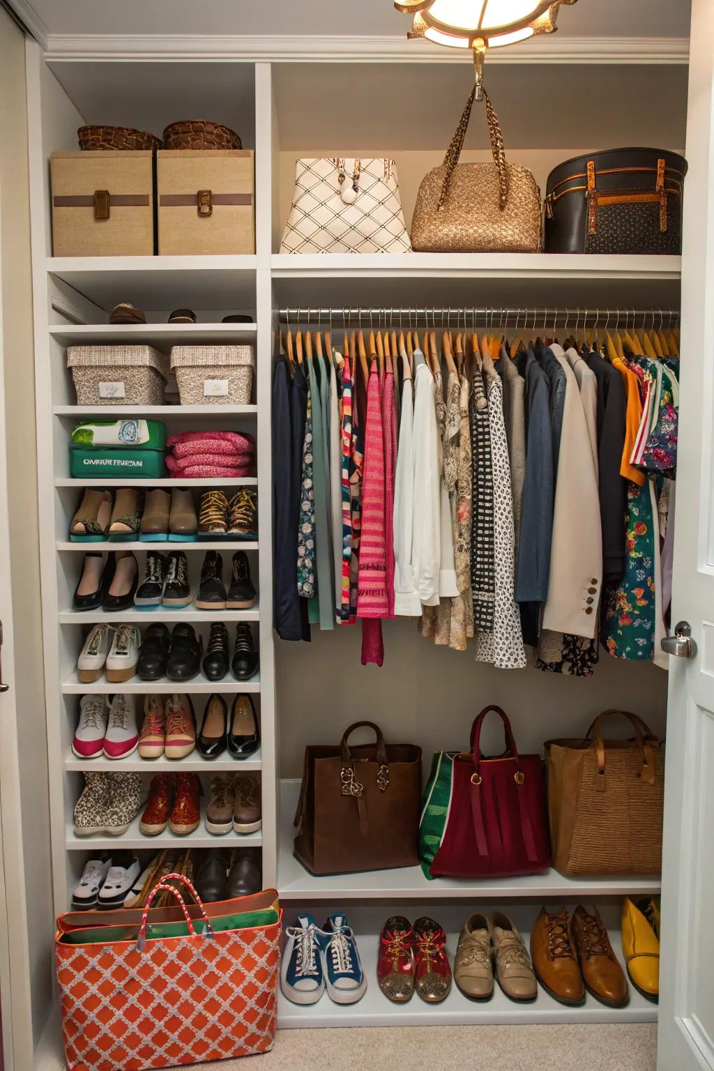 Maximize your closet space by using vertical shelves for extra storage.