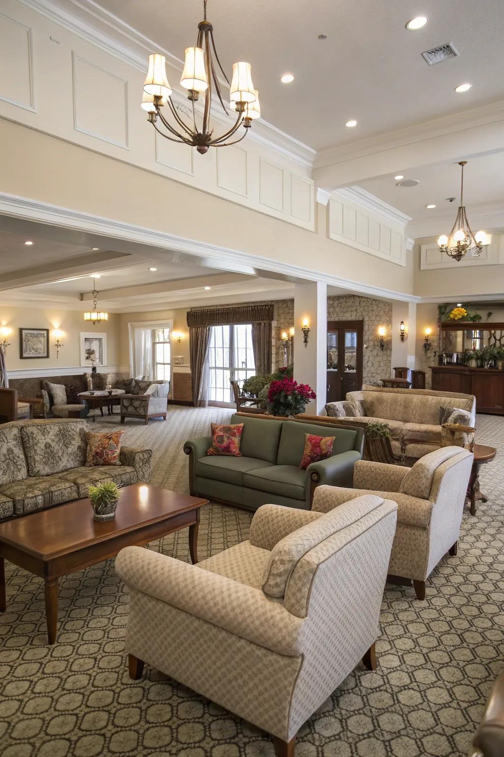 Open spaces with varied seating arrangements in a clubhouse.