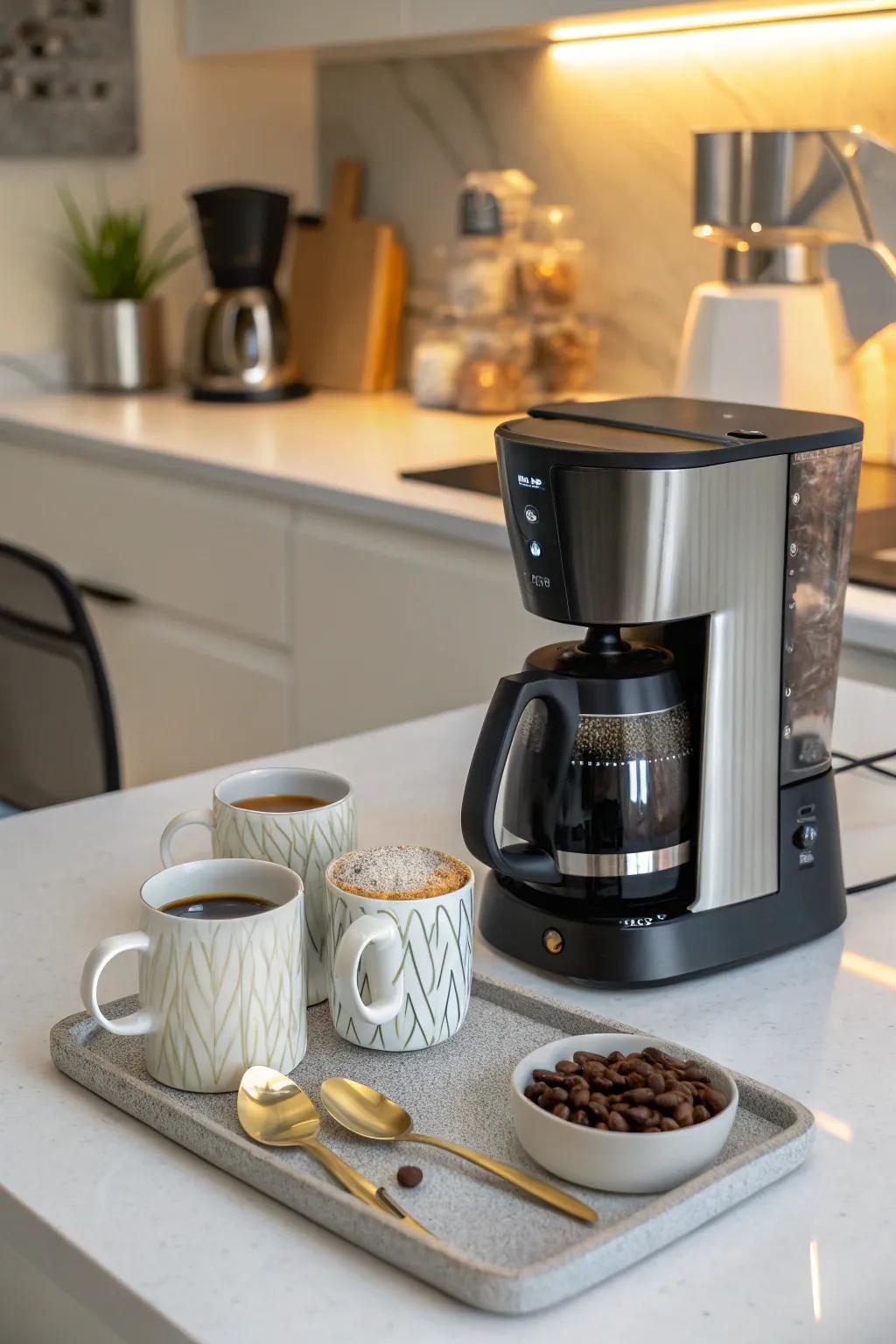 A chic and organized countertop coffee station.