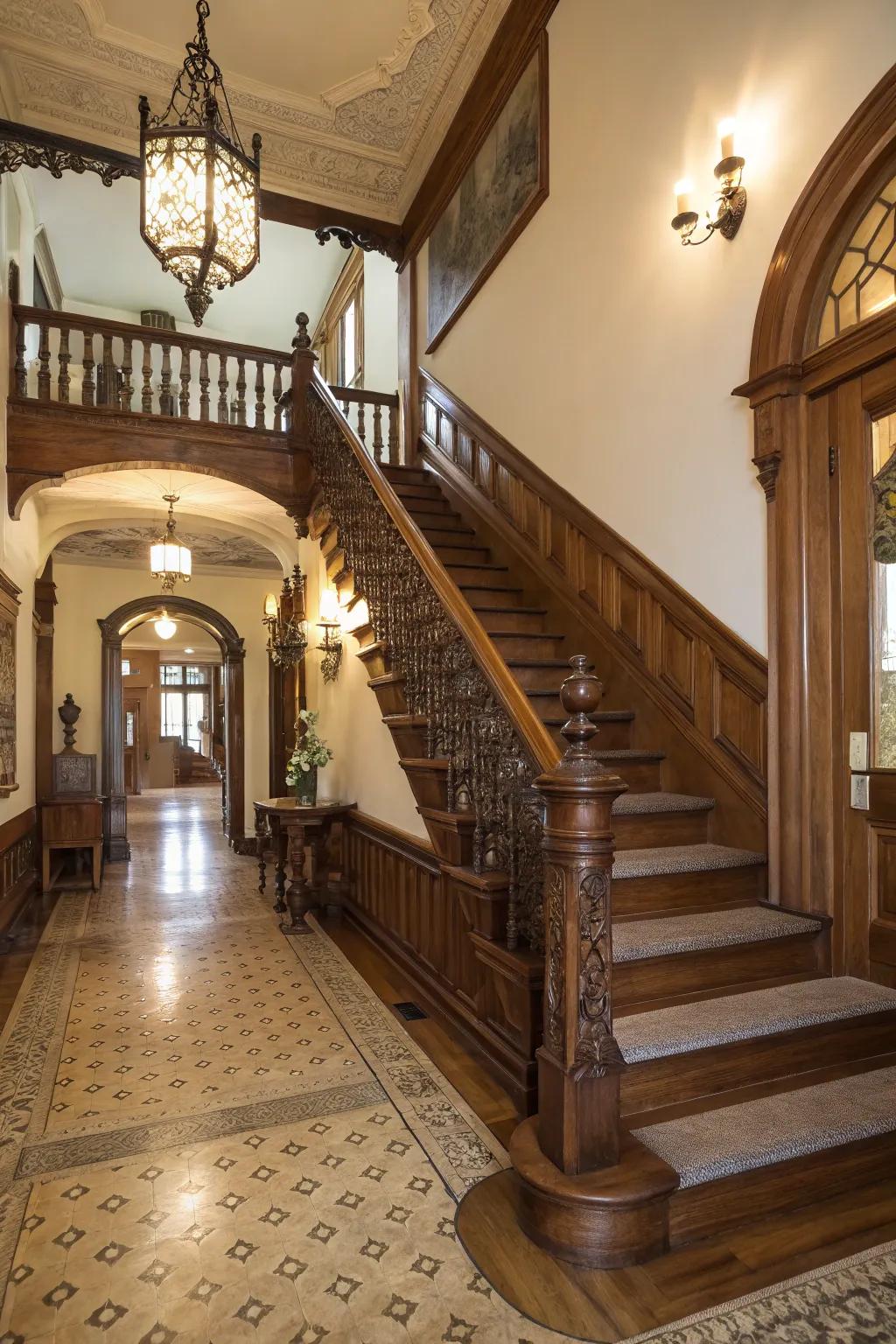 A colonial entryway showcasing a grand wooden staircase with elegant railings.