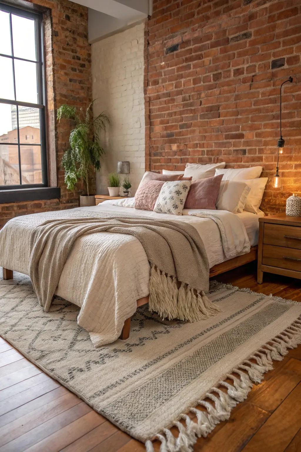 Combining textures crafts a snug and appealing bedroom atmosphere.
