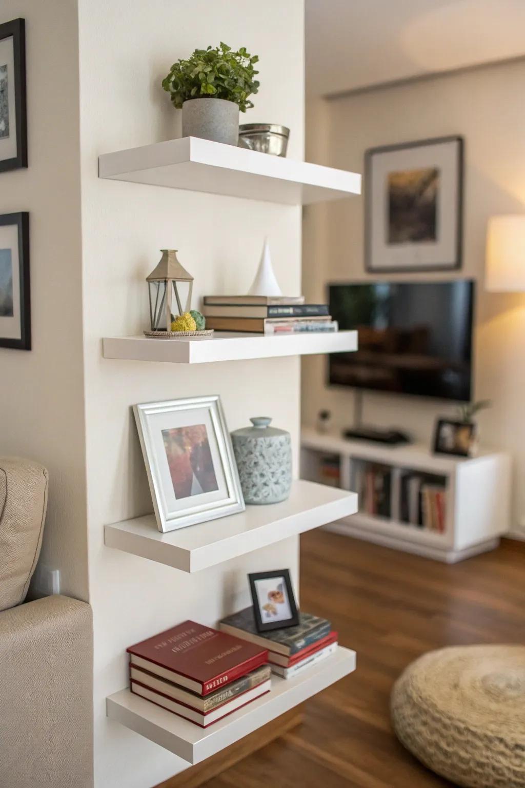Floating corner shelves infuse a dash of modern sophistication.