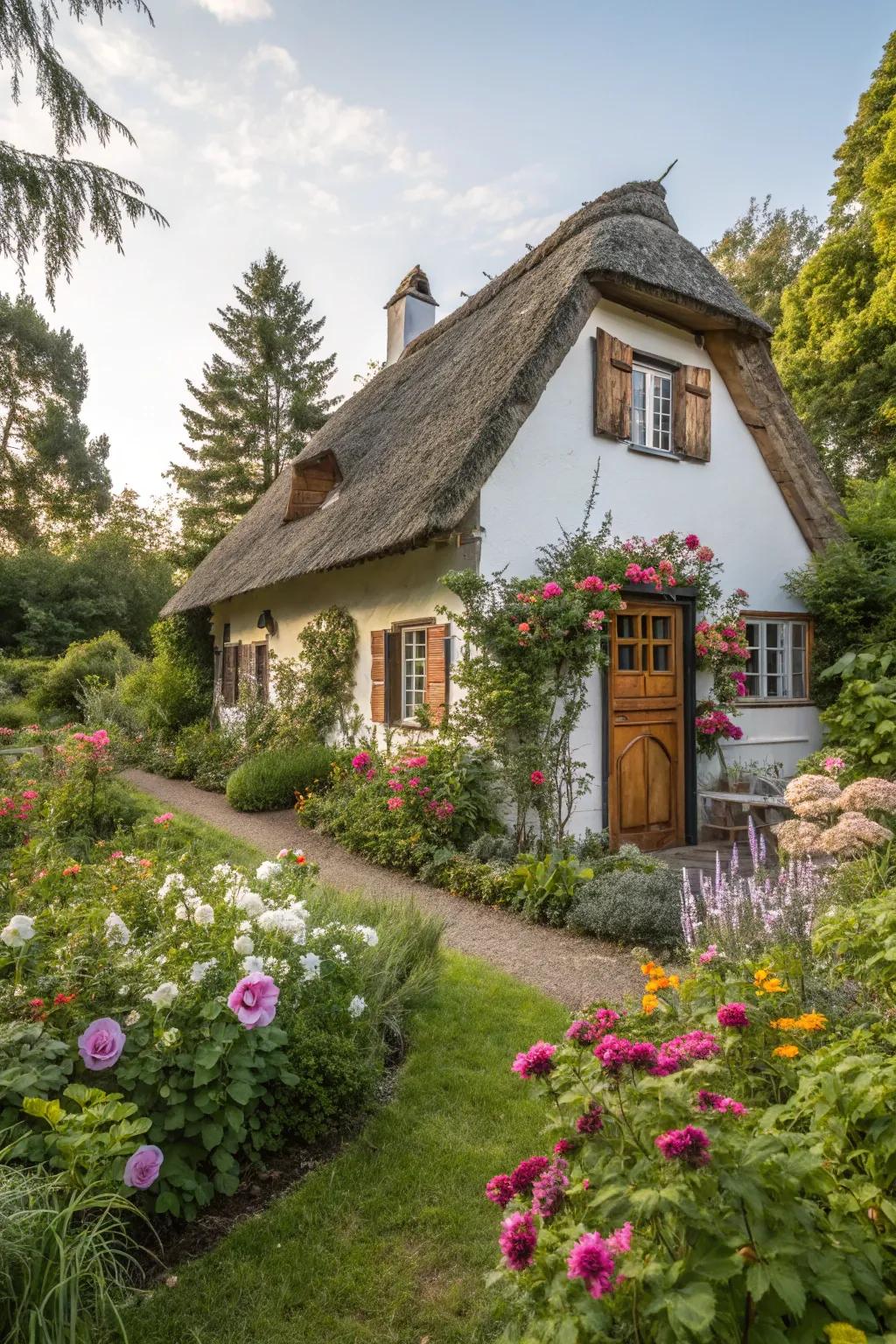 A lush garden adds life and charm to any cottage exterior.