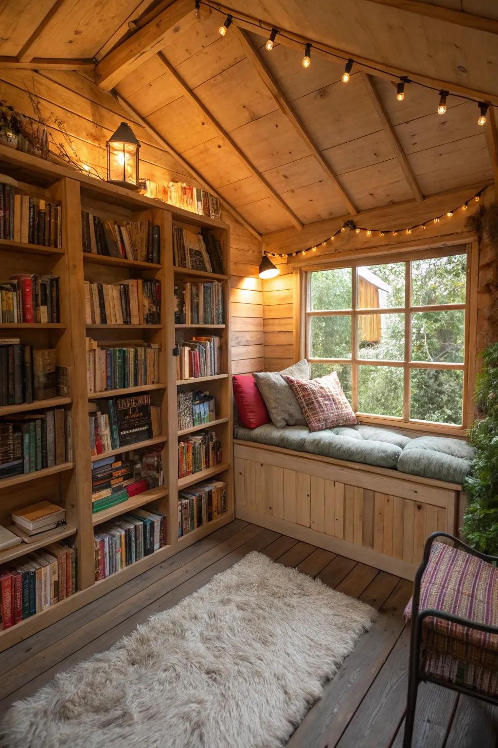 A rustic reading nook for book lovers.