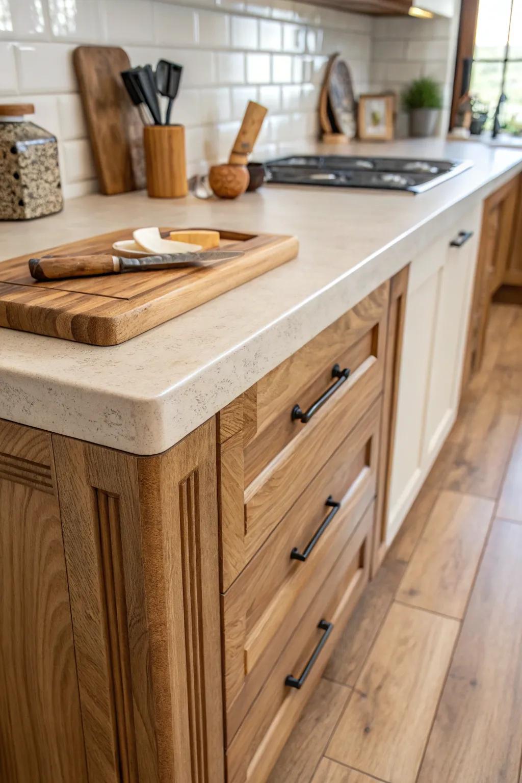 Warm wooden end caps that enhance the natural beauty of the kitchen.