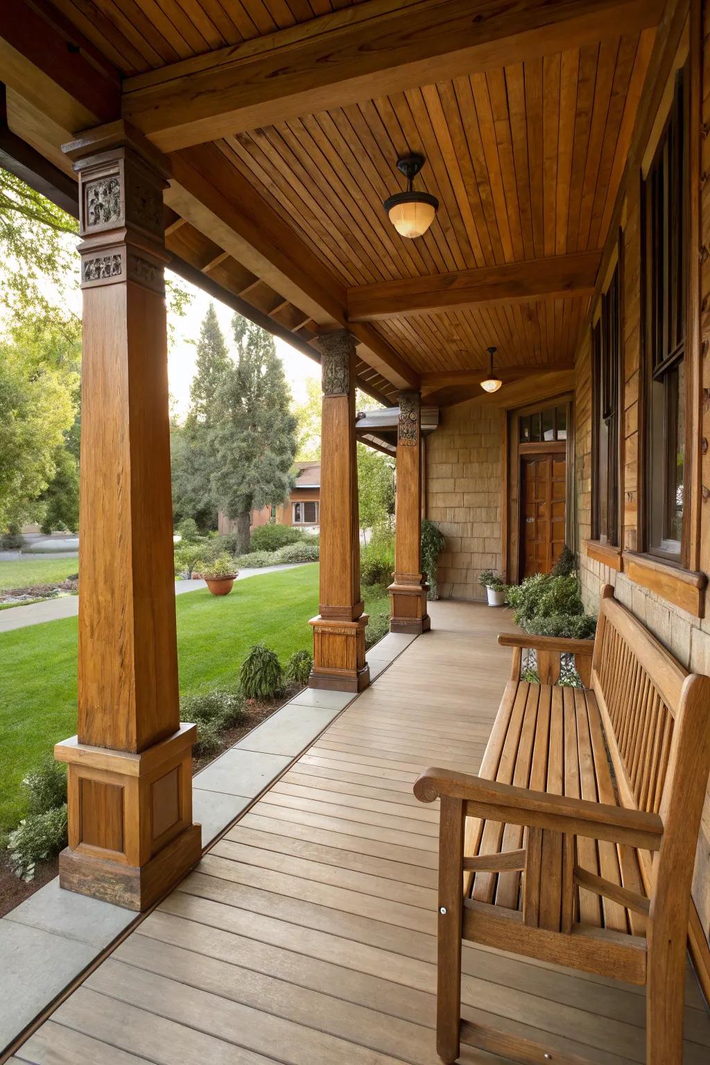 Exposed timber posts bring out the natural charm of this Craftsman-style porch.