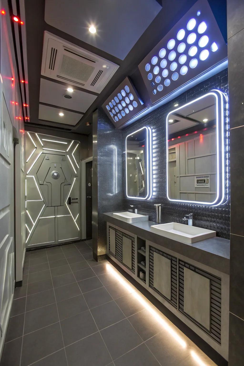 A futuristic bathroom with glowing LED accents and metallic elements.