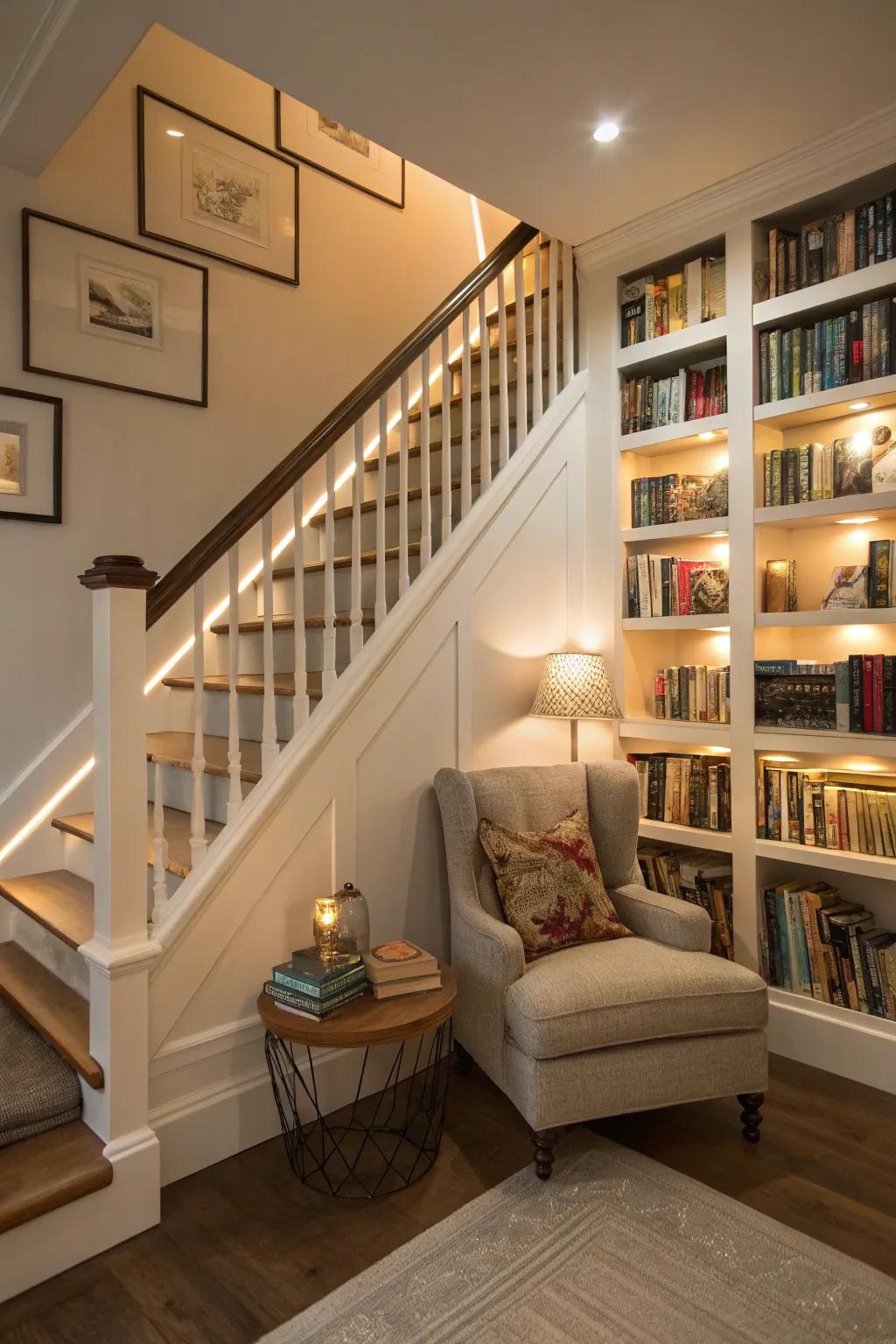 Utilize under-stairs space for a unique book storage solution.