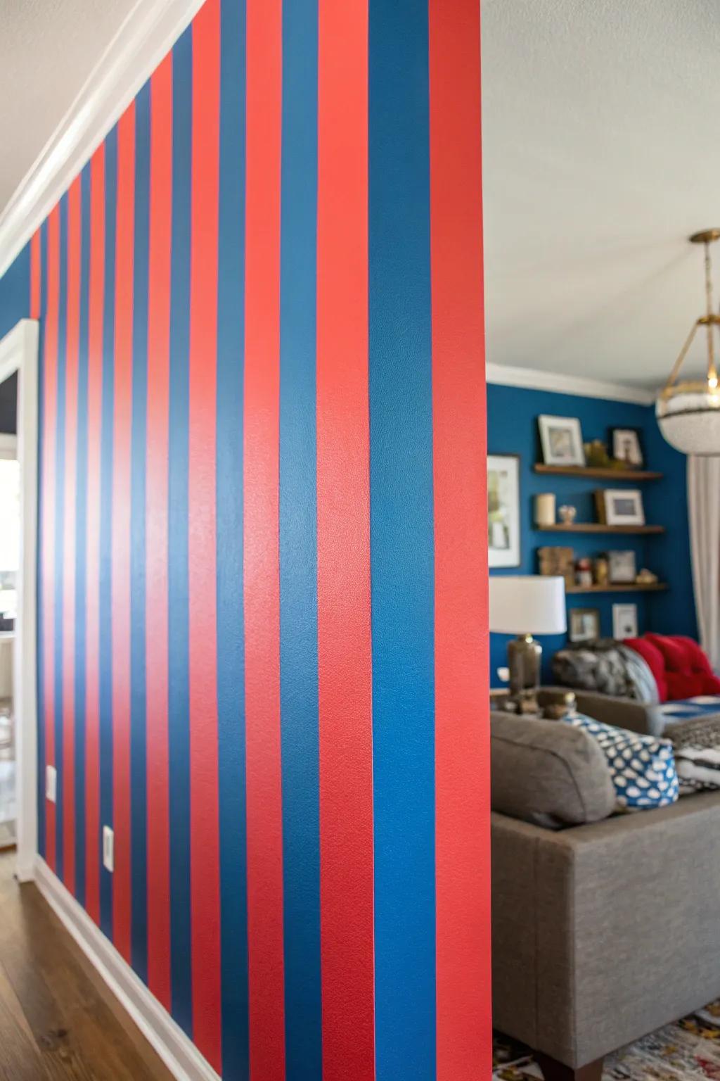 Bold and vibrant blue and red stripes create an energetic vibe.