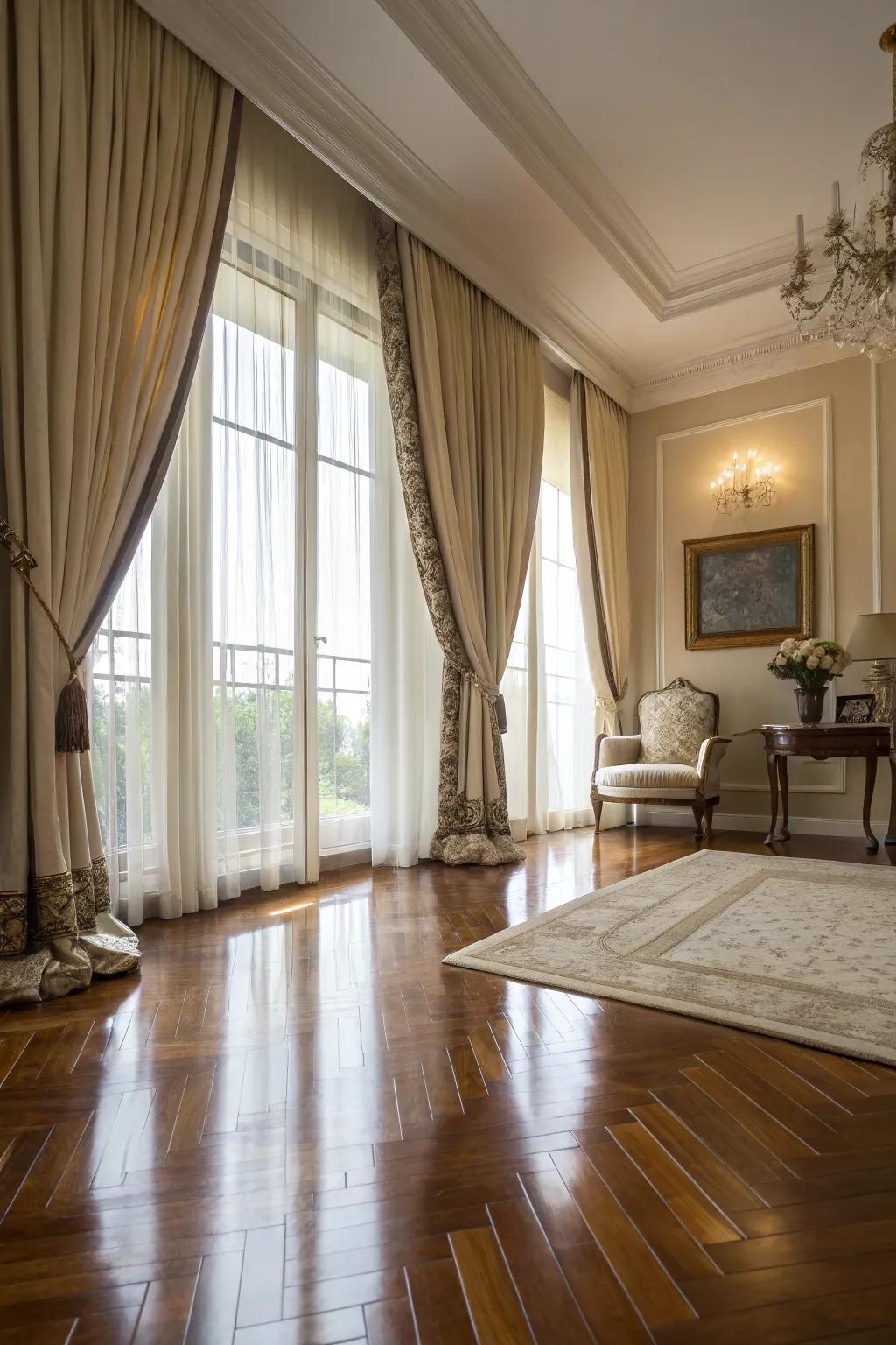 Floor-length curtains add a dramatic touch to any living room.