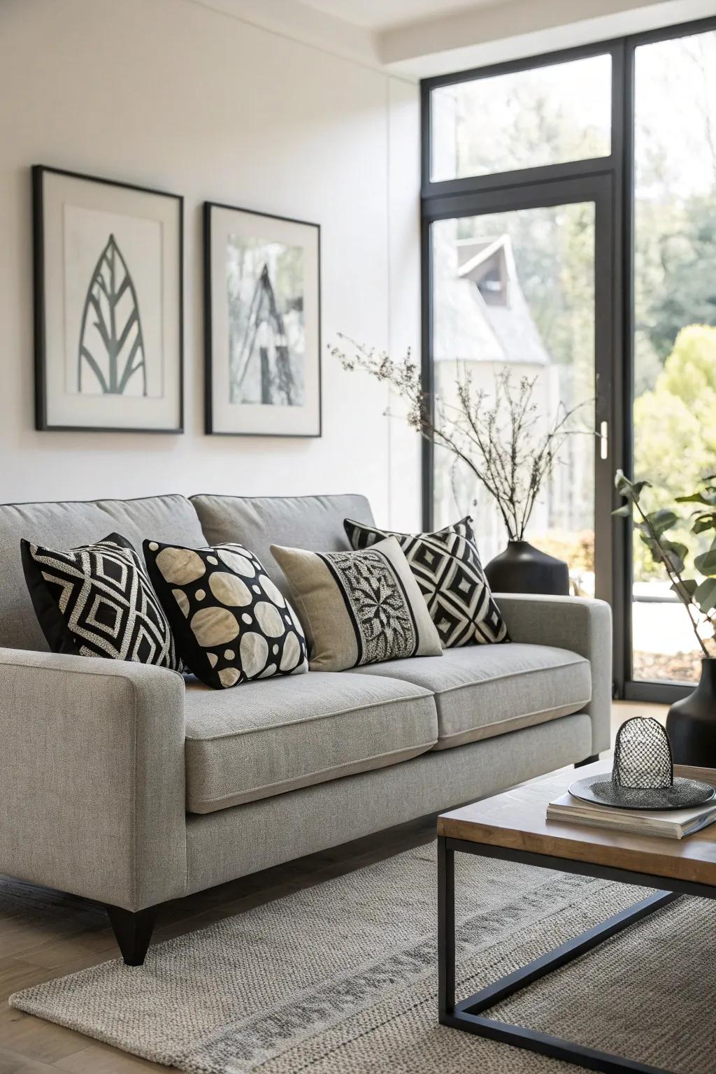 Black and white cushions add a timeless elegance to a grey sofa.