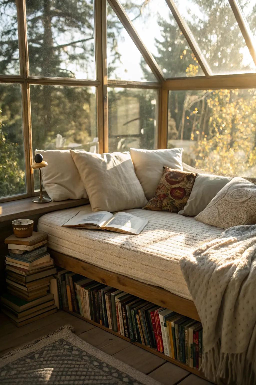 A daybed by the window creates a serene reading nook.