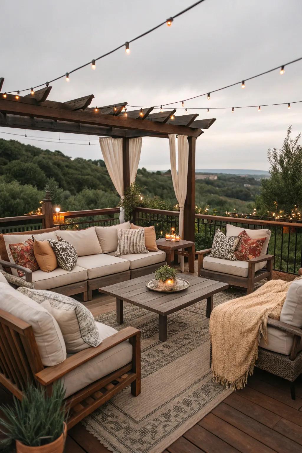 Cultivate relaxation with a snug lounge setup perfect for close gatherings.
