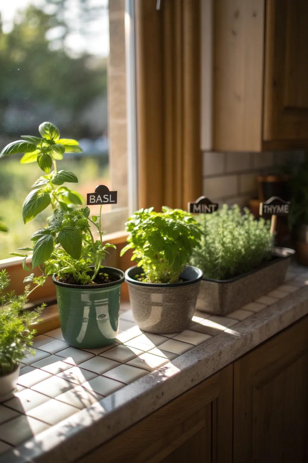 A kitchen windowsill adorned with fresh herbs and plants.