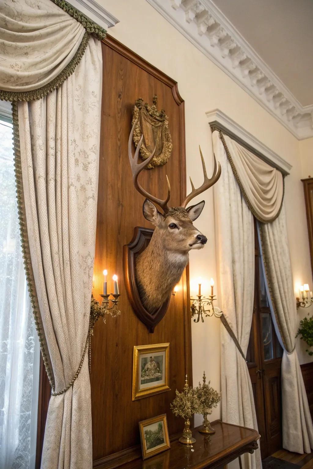 A classic deer mount displayed on a beautifully designed wood base.