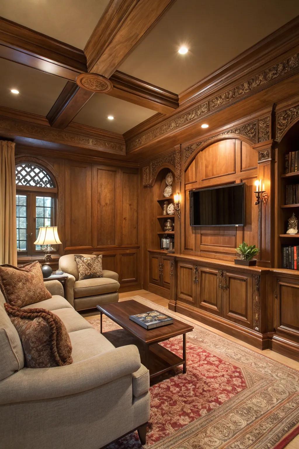 A cozy den featuring wood paneling and a welcoming atmosphere.