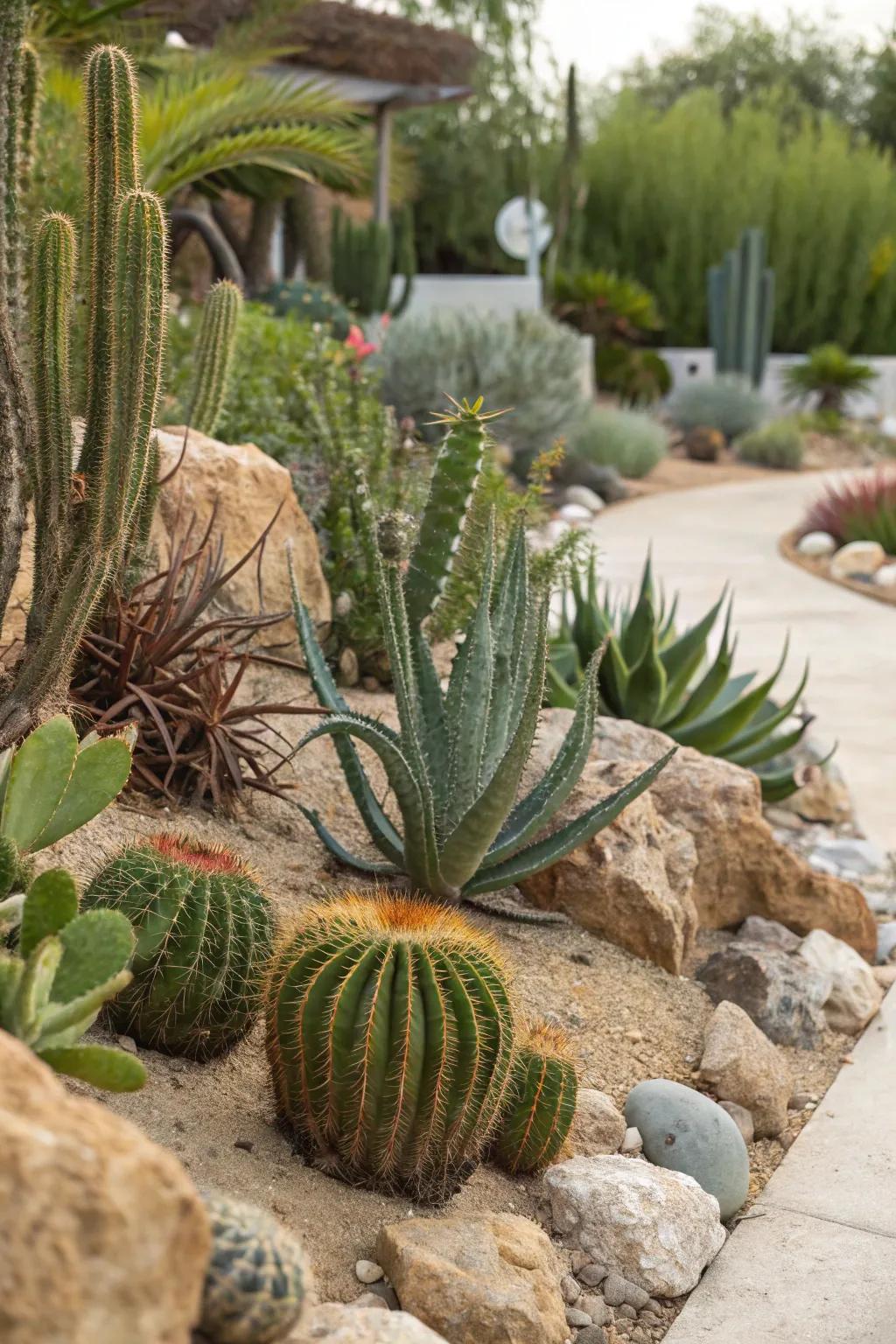 An energetic blend of cacti and succulents, each displaying unique shapes and textures.
