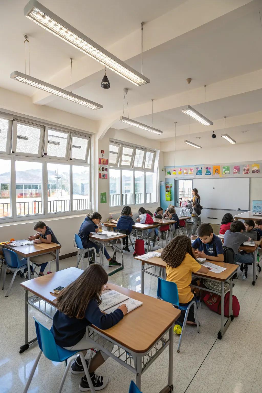 Desks arranged in clusters foster a collaborative environment in the classroom.