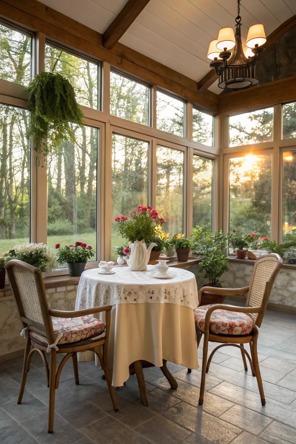 A sunroom dining area that brings the outside in, perfect for basking in natural light.