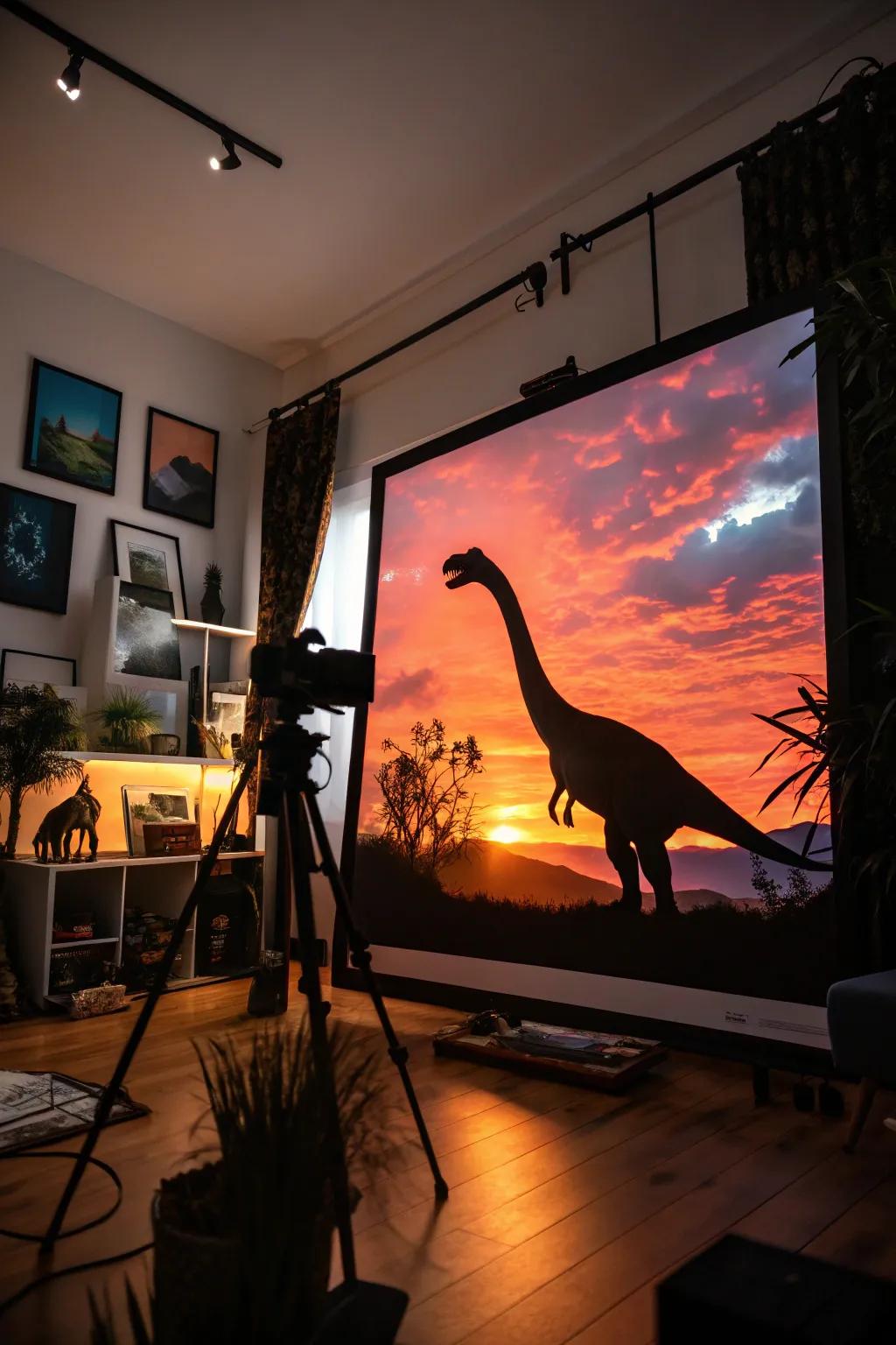 Dinosaur silhouette painting with a breathtaking sunset backdrop