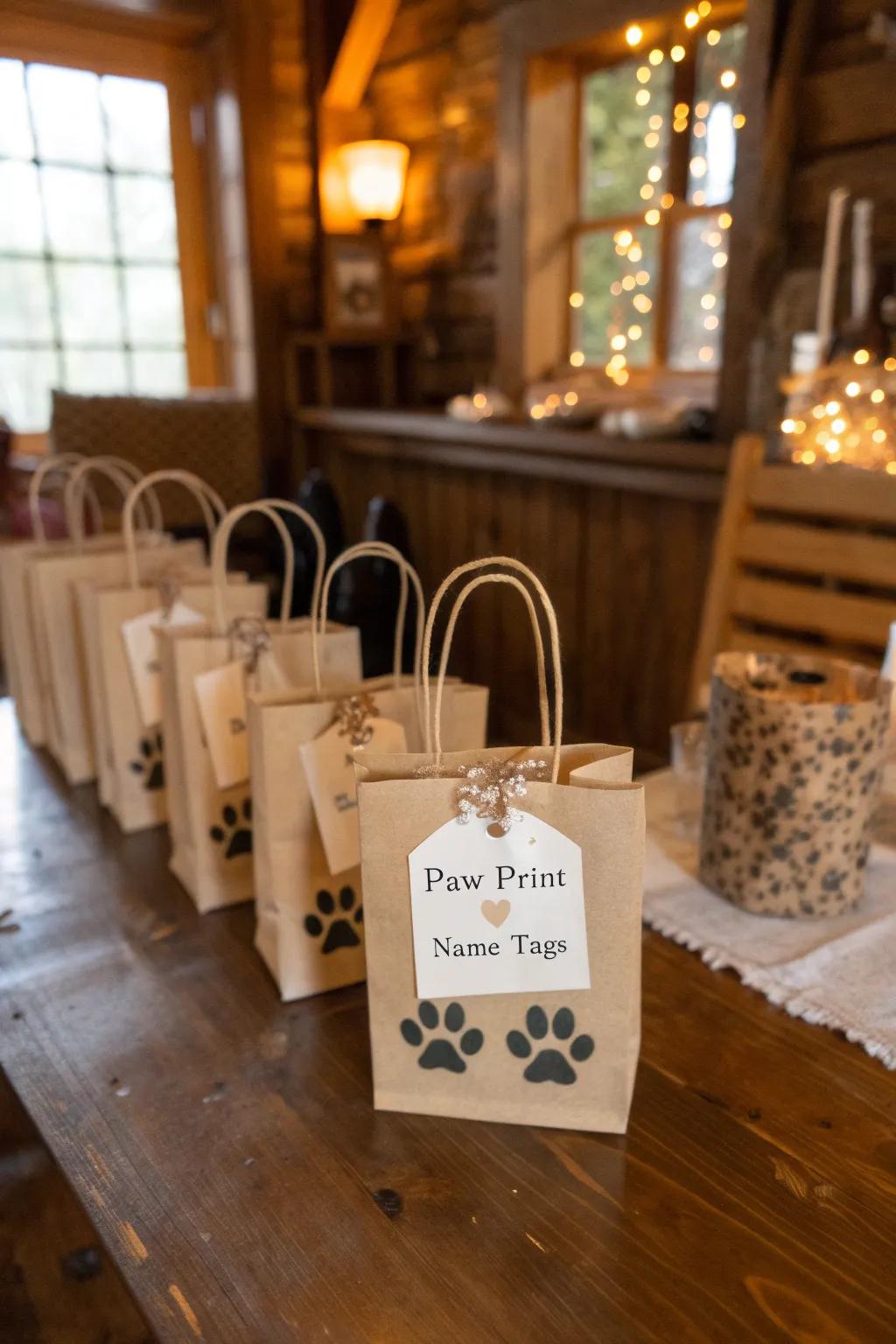 Personalized goodie bags with paw prints and name tags for a touch of love.