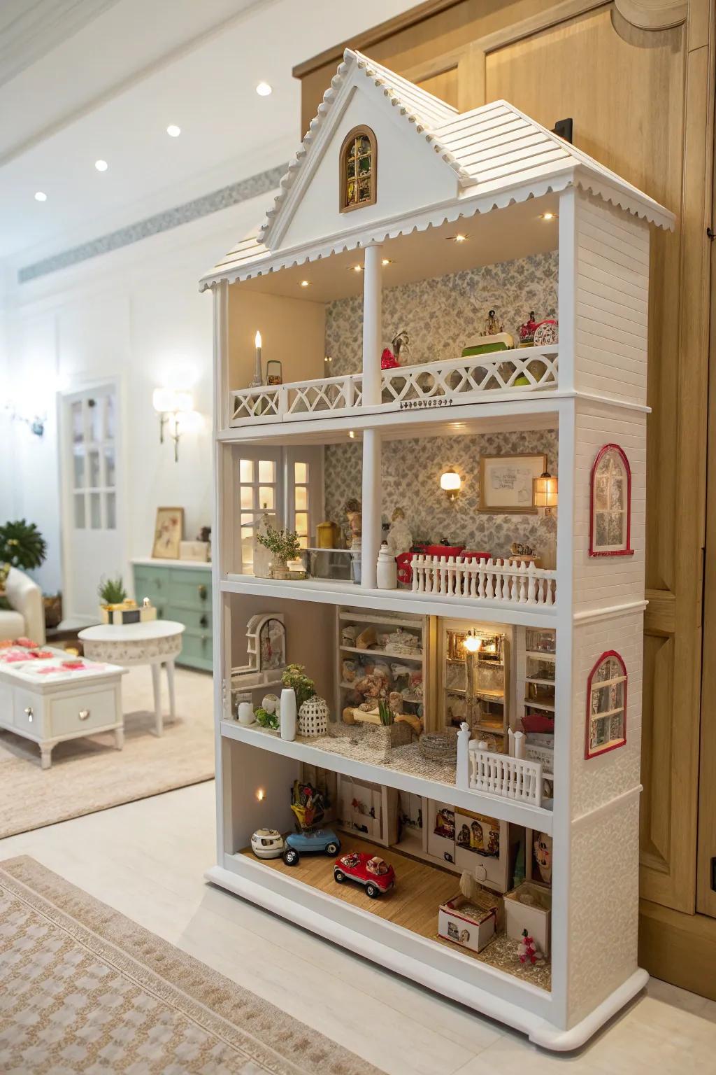 A dollhouse is elegantly displayed on tiered shelving.